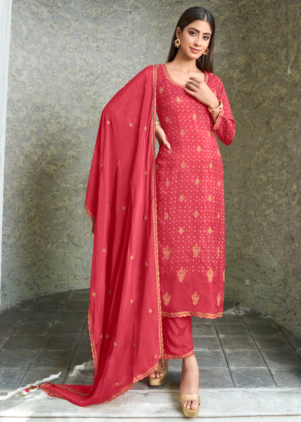 Dola Silk Fabric Bandhni Print & Zari Work Ready to wear Salwar & Kurta Set