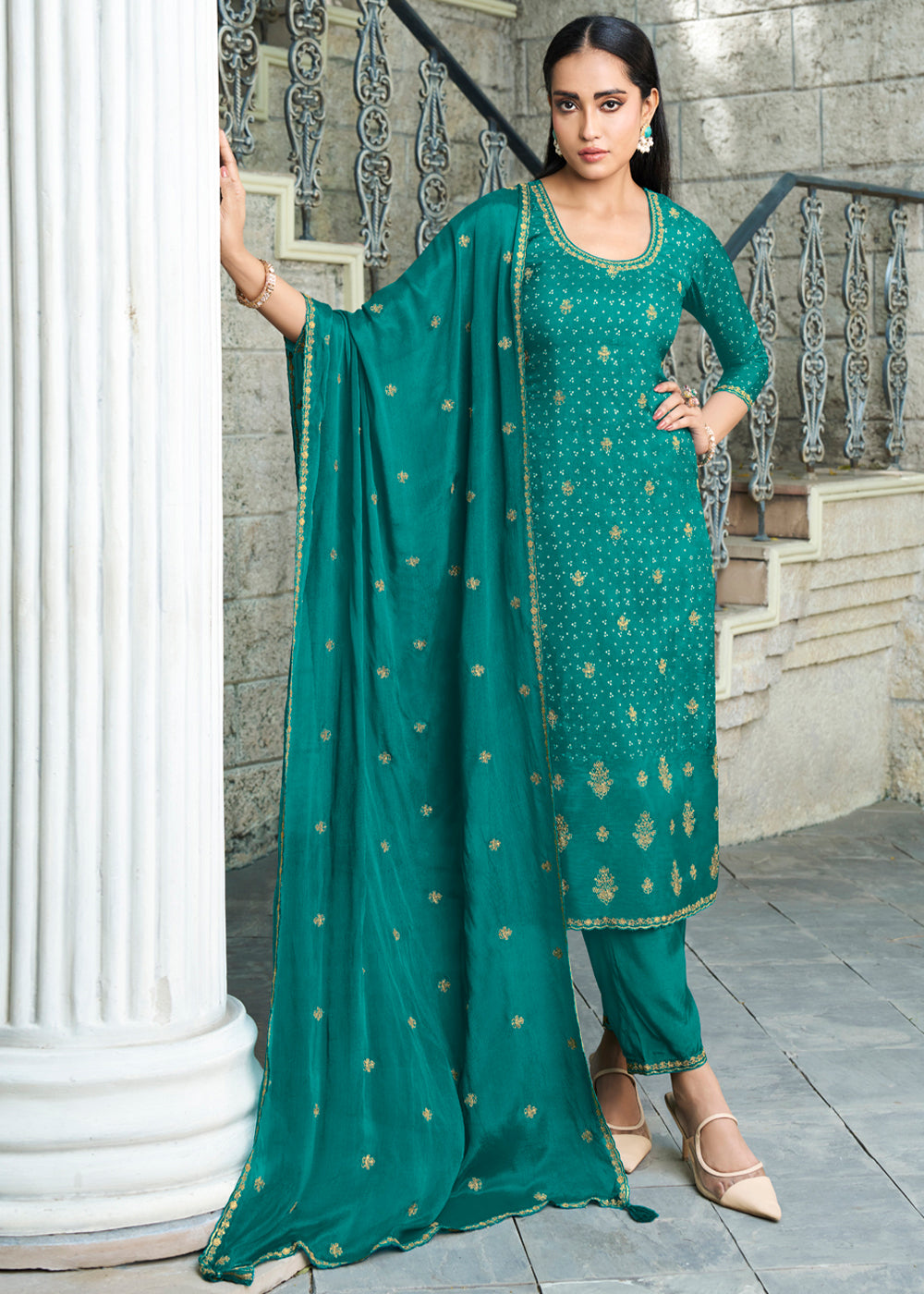Dola Silk Fabric Bandhni Print & Zari Work Ready to wear Salwar & Kurta Set