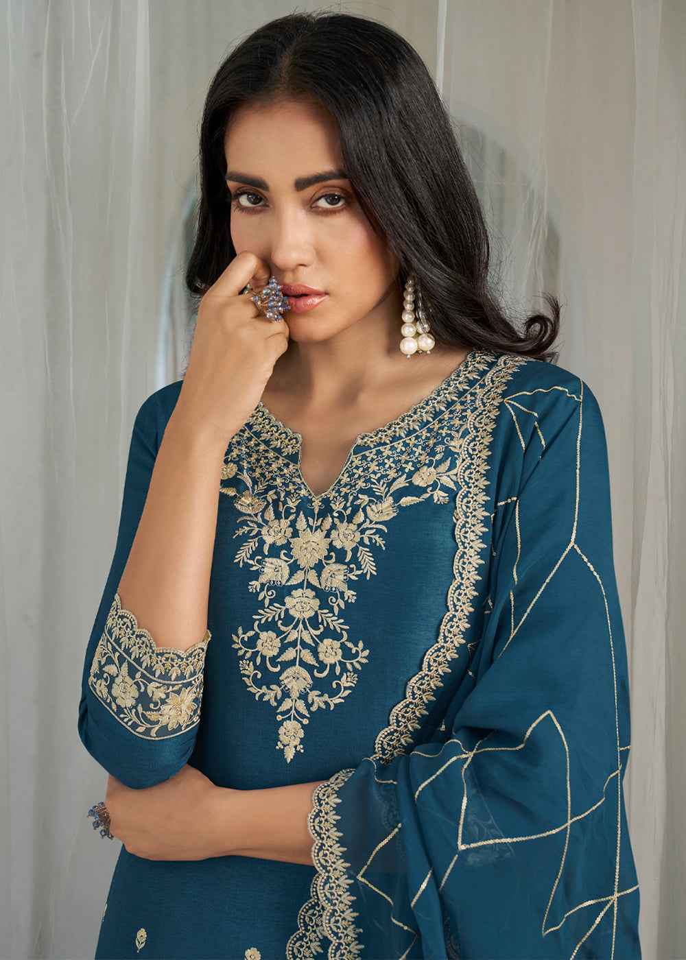 Dola Silk Fabric Designer Beaded Hand Work Ready to wear Salwar & Kurta SeT