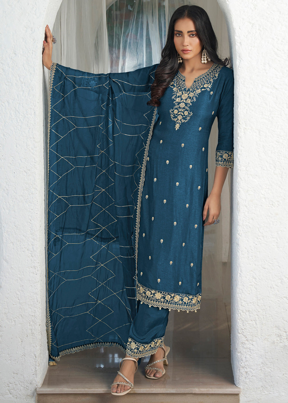 Dola Silk Fabric Designer Beaded Hand Work Ready to wear Salwar & Kurta SeT