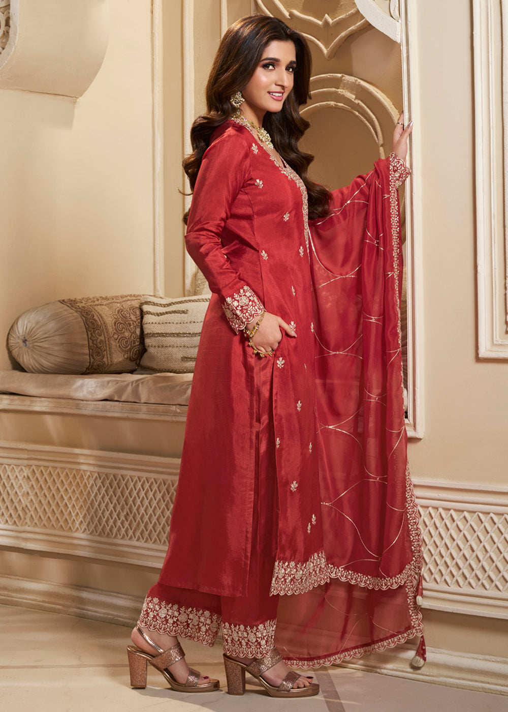 Dola Silk Fabric Designer Beaded Hand Work Ready to wear Salwar & Kurta SeT