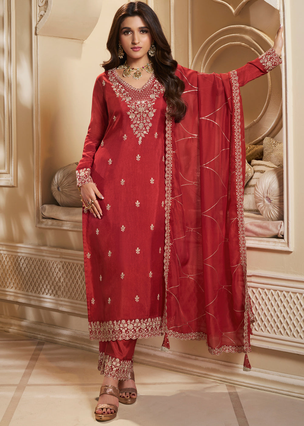 Dola Silk Fabric Designer Beaded Hand Work Ready to wear Salwar & Kurta SeT