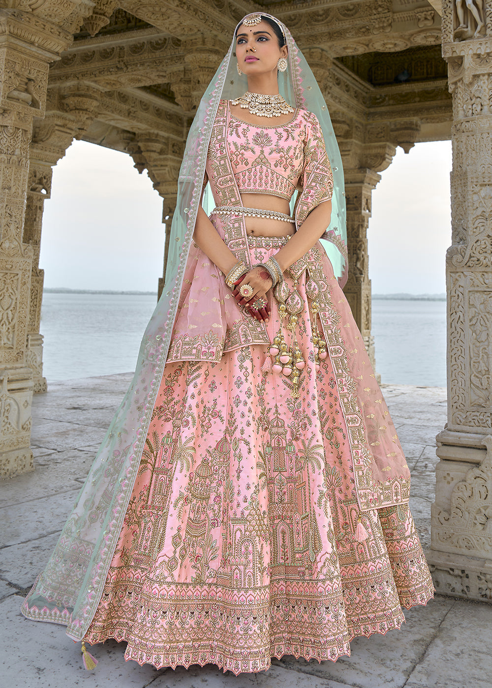 Peach Silk Hand Work using Sequin,Zarkan,Zari Embroidered Bridal Semi Stitched Lehenga with Single Peach Color Dupatta