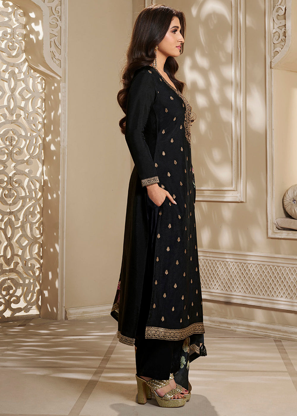 Dola Silk Fabric Designer Zardosi Hand Work Ready to wear Salwar & Kurta Set
