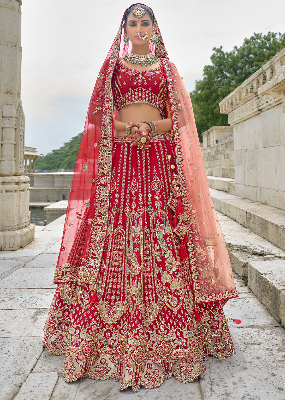 Red Silk Gotta Patti & Hand Work using Bridal Motif Embroidered Bridal Semi Stitched Lehenga with Single Red Color Dupatta