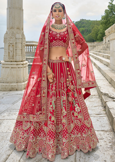 Red Silk Gotta Patti & Hand Work using Bridal Motif Embroidered Bridal Semi Stitched Lehenga with Single Red Color Dupatta