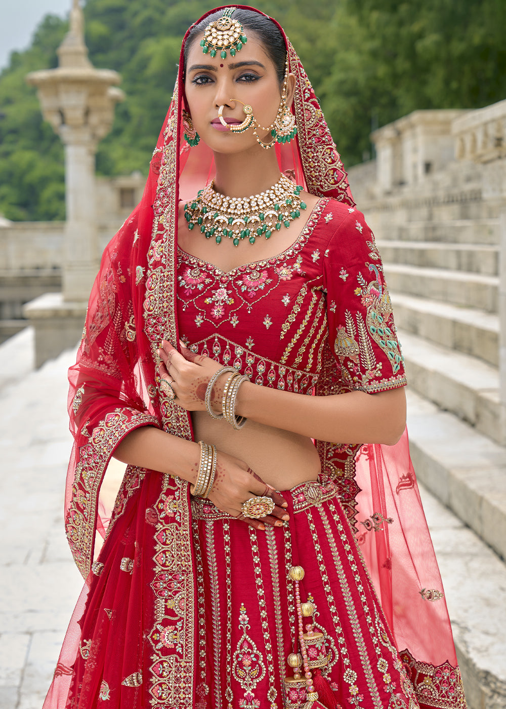 Red Silk Gotta Patti & Hand Work using Bridal Motif Embroidered Bridal Semi Stitched Lehenga with Single Red Color Dupatta