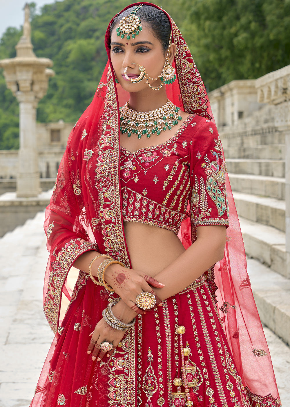 Red Silk Gotta Patti & Hand Work using Bridal Motif Embroidered Bridal Semi Stitched Lehenga with Single Red Color Dupatta