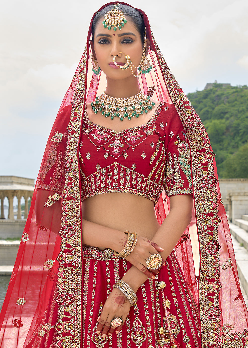 Red Silk Gotta Patti & Hand Work using Bridal Motif Embroidered Bridal Semi Stitched Lehenga with Single Red Color Dupatta