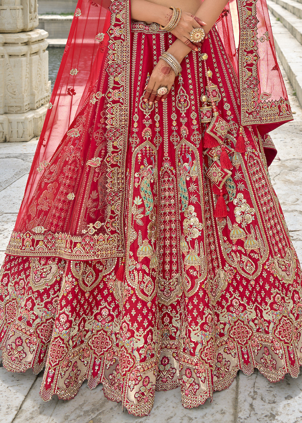 Red Silk Gotta Patti & Hand Work using Bridal Motif Embroidered Bridal Semi Stitched Lehenga with Single Red Color Dupatta