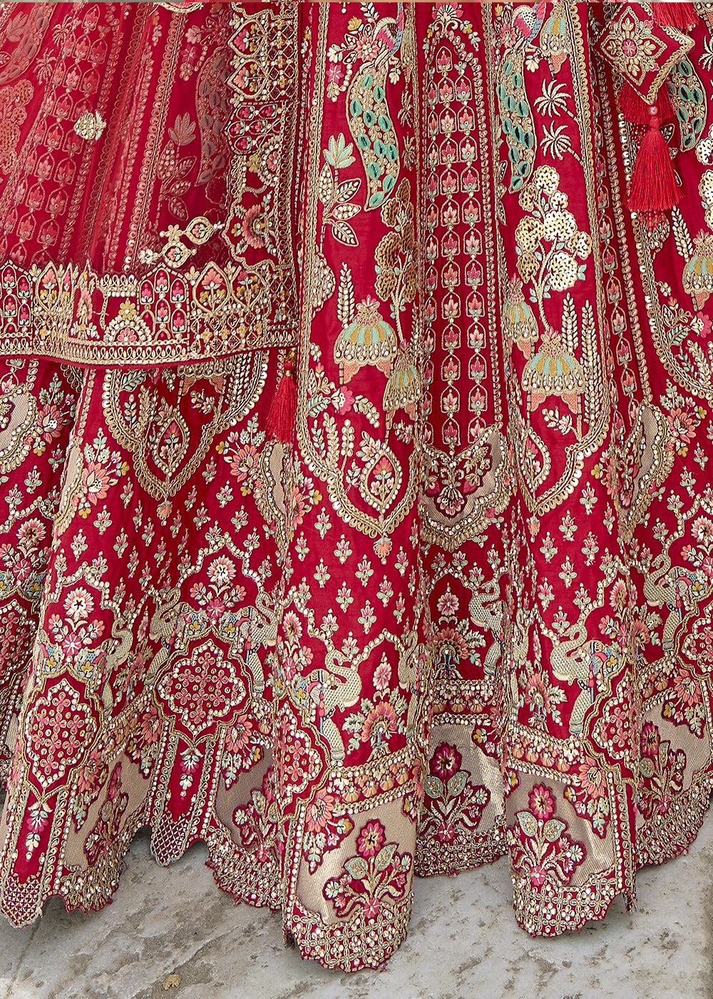 Red Silk Gotta Patti & Hand Work using Bridal Motif Embroidered Bridal Semi Stitched Lehenga with Single Red Color Dupatta