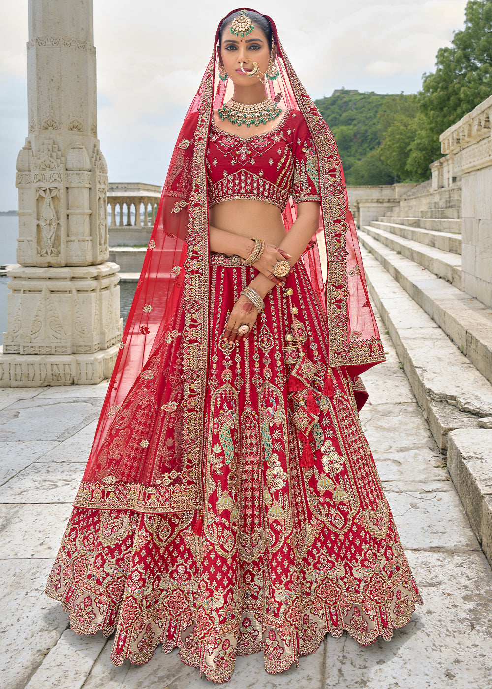 Red Silk Gotta Patti & Hand Work using Bridal Motif Embroidered Bridal Semi Stitched Lehenga with Single Red Color Dupatta