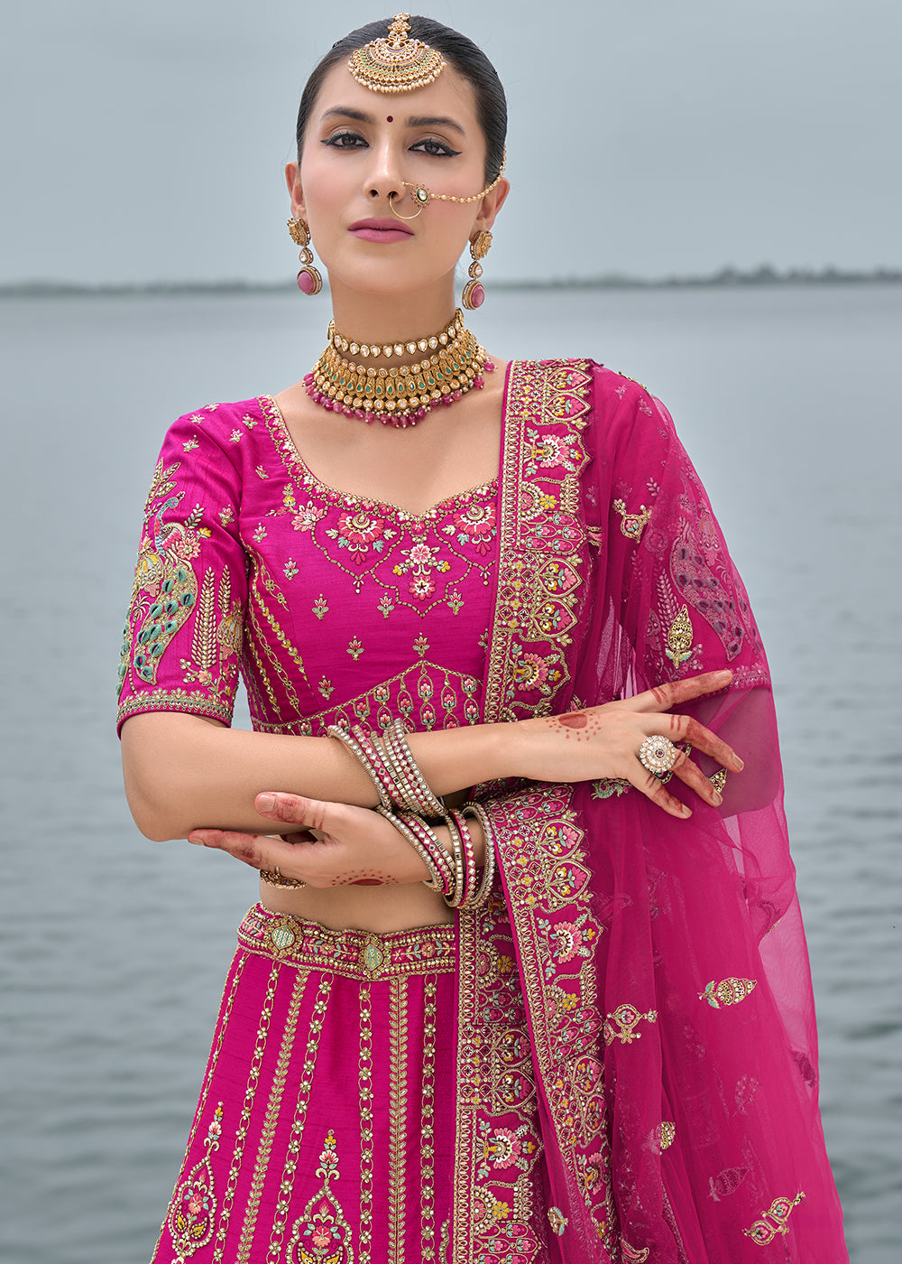 Pink Silk Gotta Patti & Hand Work using Bridal Motif Embroidered Bridal Semi Stitched Lehenga with Single Pink Color Dupatta