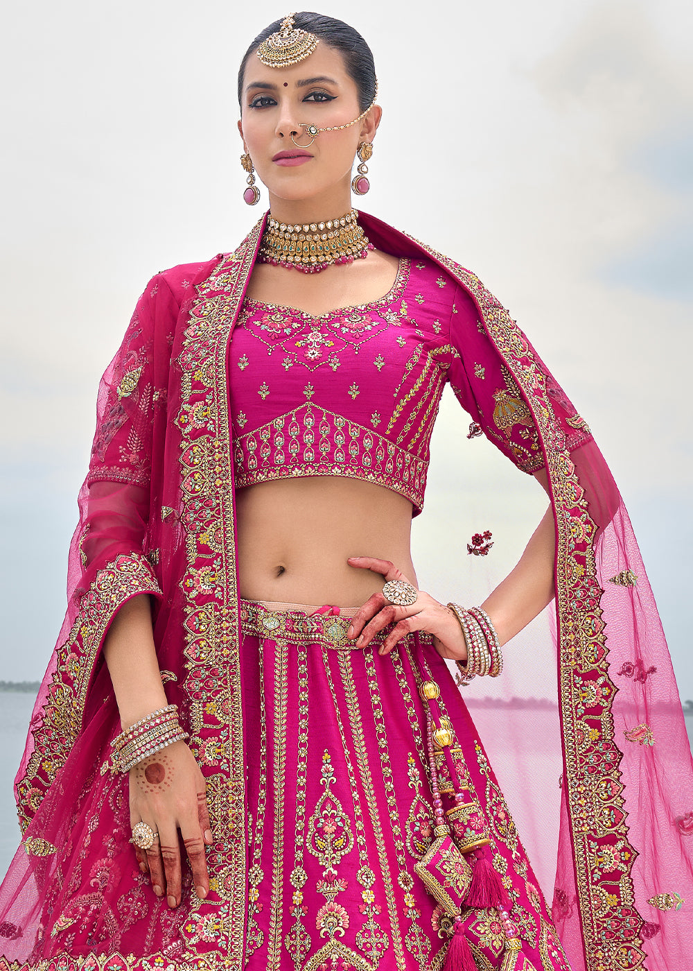 Pink Silk Gotta Patti & Hand Work using Bridal Motif Embroidered Bridal Semi Stitched Lehenga with Single Pink Color Dupatta