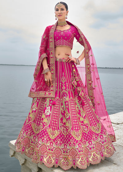 Pink Silk Gotta Patti & Hand Work using Bridal Motif Embroidered Bridal Semi Stitched Lehenga with Single Pink Color Dupatta