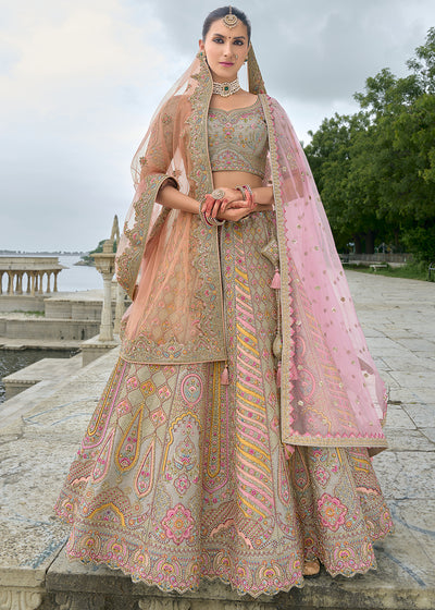 Grey-Pink Silk Hand Work Embroidered Bridal Semi Stitched Lehenga with Single Peach Color Dupatta