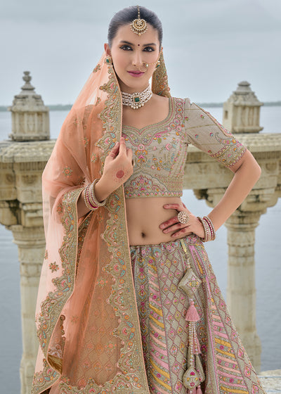 Grey-Pink Silk Hand Work Embroidered Bridal Semi Stitched Lehenga with Single Peach Color Dupatta