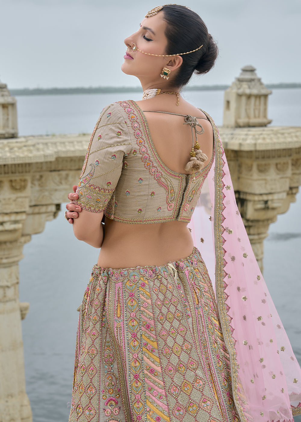 Grey-Pink Silk Hand Work Embroidered Bridal Semi Stitched Lehenga with Single Peach Color Dupatta