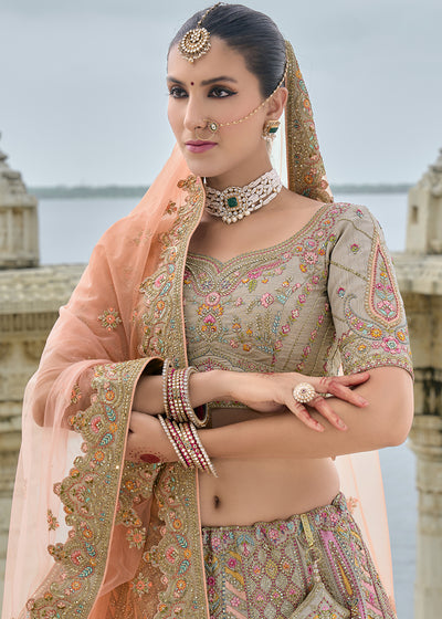 Grey-Pink Silk Hand Work Embroidered Bridal Semi Stitched Lehenga with Single Peach Color Dupatta