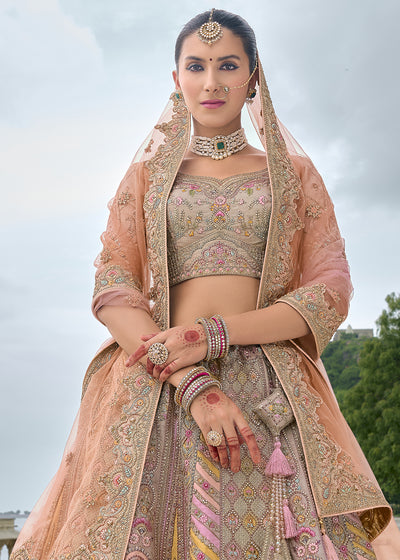 Grey-Pink Silk Hand Work Embroidered Bridal Semi Stitched Lehenga with Single Peach Color Dupatta