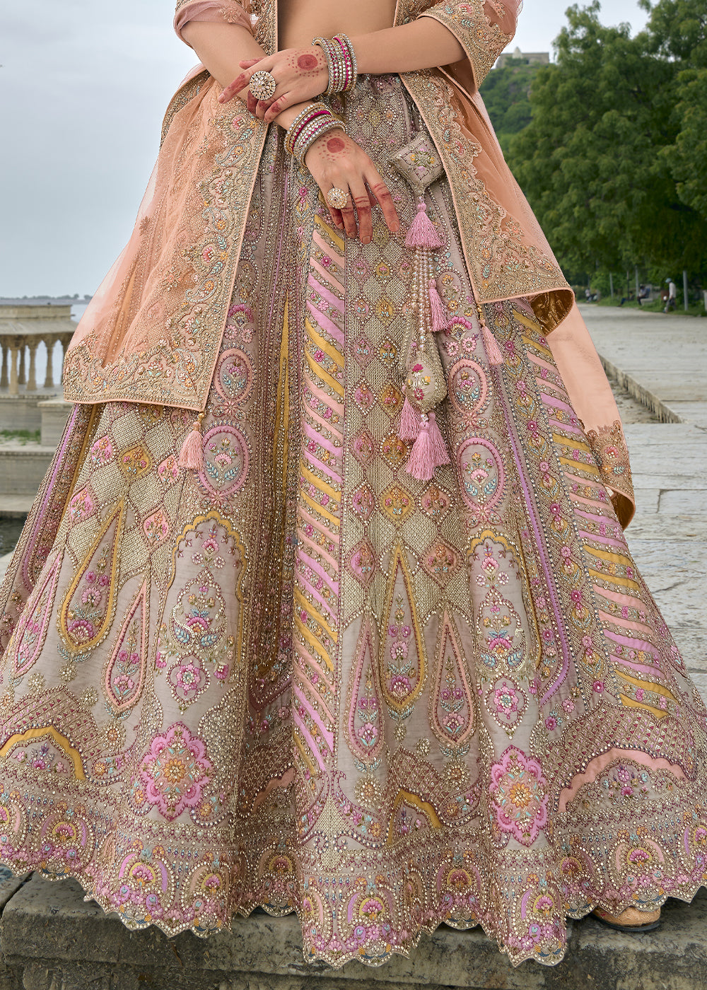 Grey-Pink Silk Hand Work Embroidered Bridal Semi Stitched Lehenga with Single Peach Color Dupatta