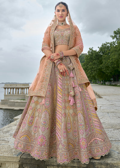 Grey-Pink Silk Hand Work Embroidered Bridal Semi Stitched Lehenga with Single Peach Color Dupatta