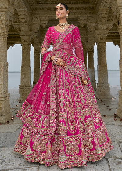 Pink Silk Hand Work using Different Bridal Motif Embroidered Bridal Semi Stitched Lehenga with Single Pink Color Dupatta