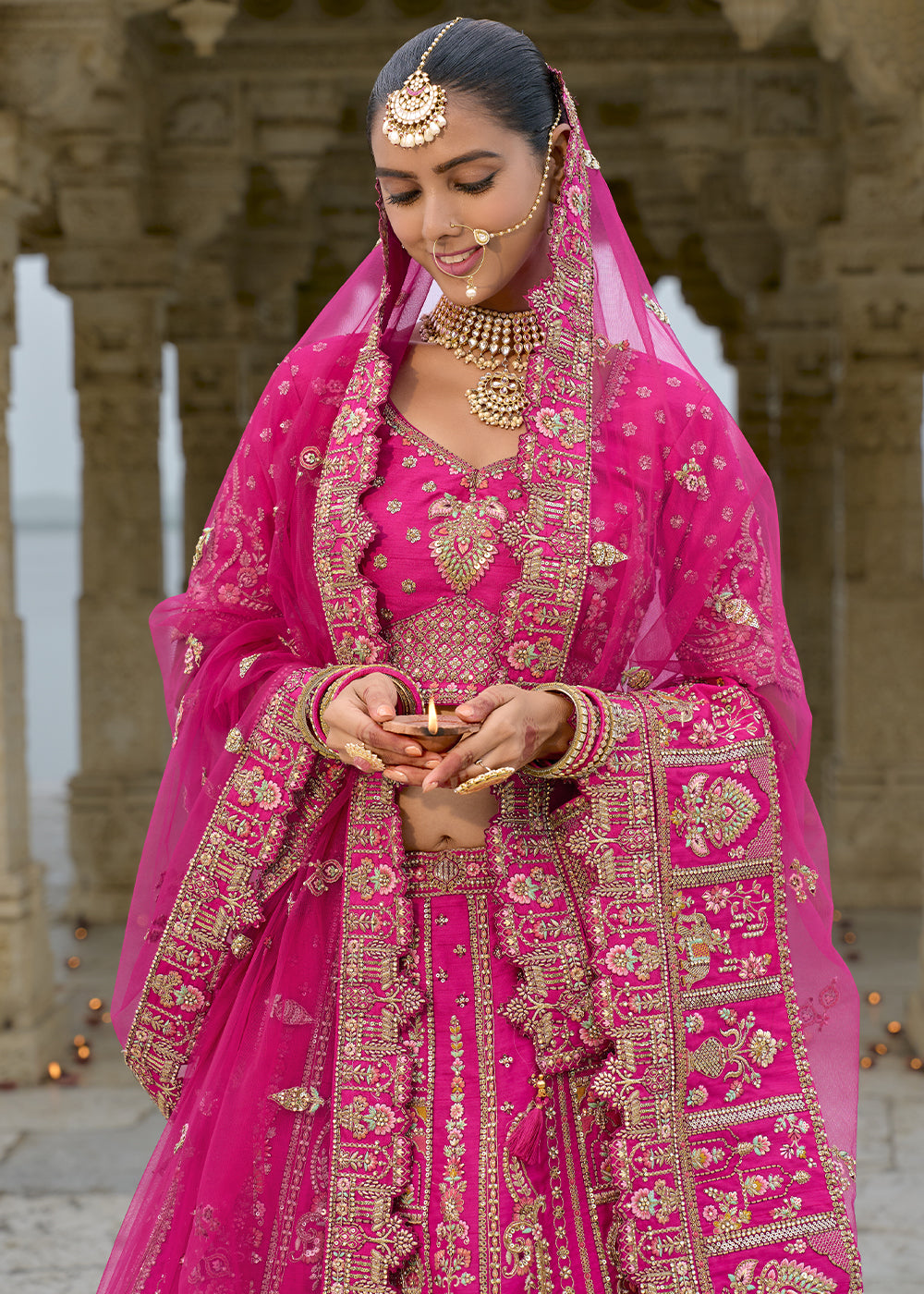 Pink Silk Hand Work using Different Bridal Motif Embroidered Bridal Semi Stitched Lehenga with Single Pink Color Dupatta