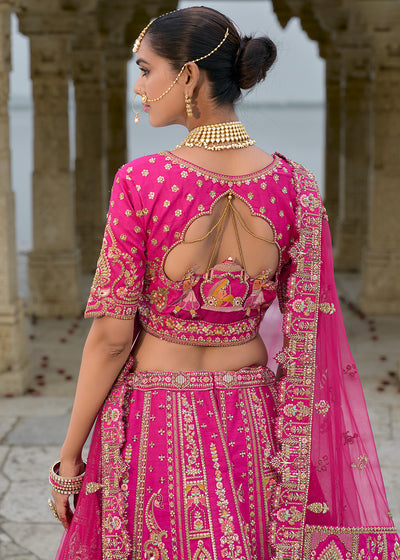 Pink Silk Hand Work using Different Bridal Motif Embroidered Bridal Semi Stitched Lehenga with Single Pink Color Dupatta