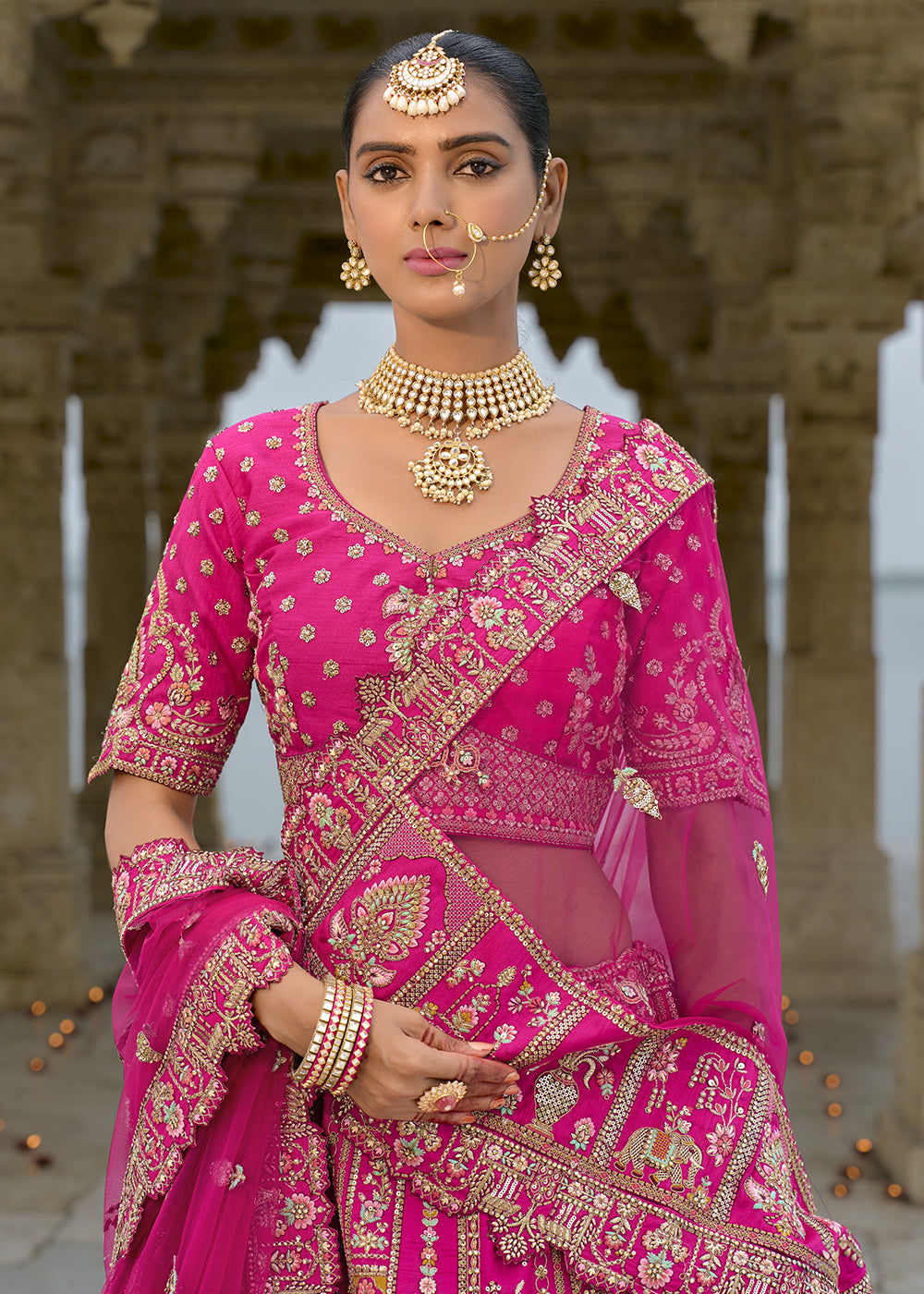 Pink Silk Hand Work using Different Bridal Motif Embroidered Bridal Semi Stitched Lehenga with Single Pink Color Dupatta