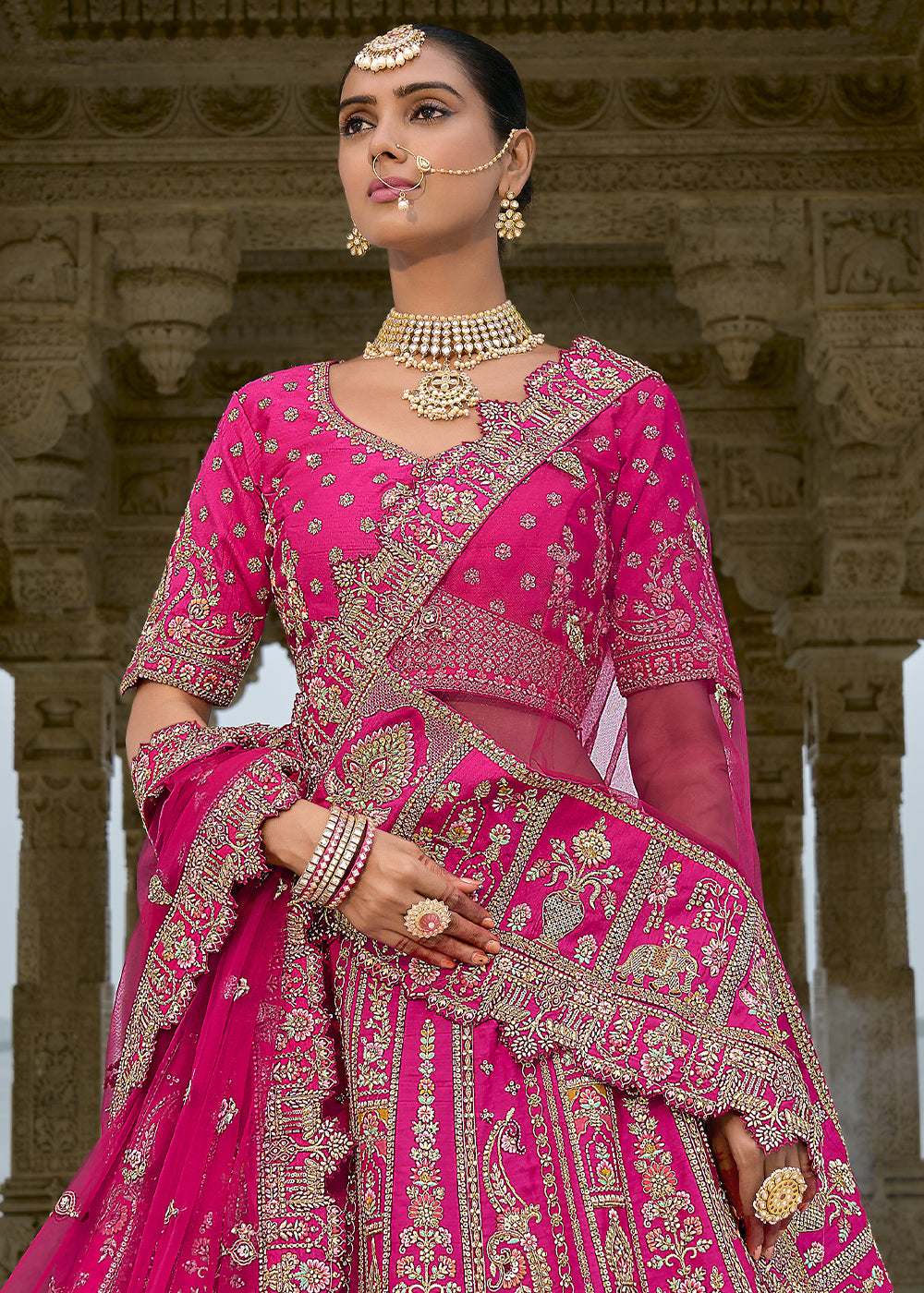 Pink Silk Hand Work using Different Bridal Motif Embroidered Bridal Semi Stitched Lehenga with Single Pink Color Dupatta