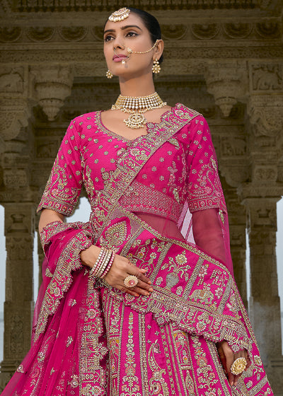 Pink Silk Hand Work using Different Bridal Motif Embroidered Bridal Semi Stitched Lehenga with Single Pink Color Dupatta