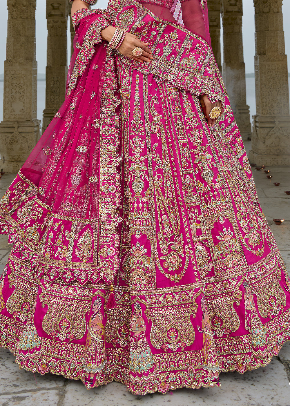 Pink Silk Hand Work using Different Bridal Motif Embroidered Bridal Semi Stitched Lehenga with Single Pink Color Dupatta