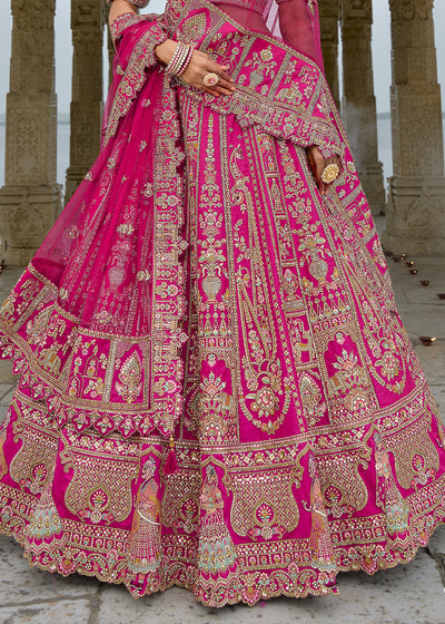 Pink Silk Hand Work using Different Bridal Motif Embroidered Bridal Semi Stitched Lehenga with Single Pink Color Dupatta