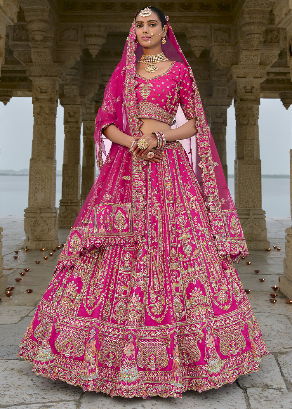 Pink Silk Hand Work using Different Bridal Motif Embroidered Bridal Semi Stitched Lehenga with Single Pink Color Dupatta