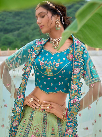 Pista-Teal Shaded Heavy Designer Embroidered Patchwork Silk Semi Stitched Lehenga Choli