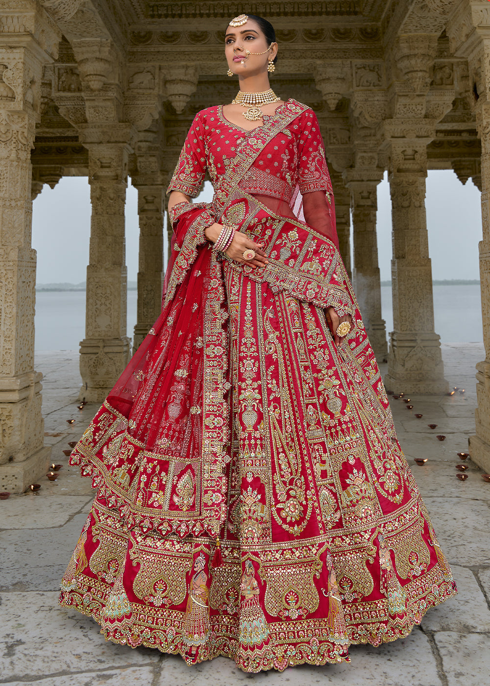 Red Silk Hand Work using Different Bridal Motif Embroidered Bridal Semi Stitched Lehenga with Single Red Color Dupatta