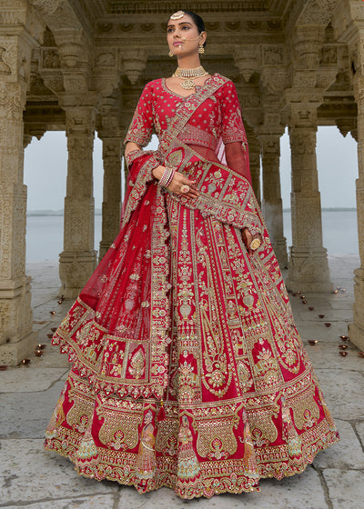 Red Silk Hand Work using Different Bridal Motif Embroidered Bridal Semi Stitched Lehenga with Single Red Color Dupatta