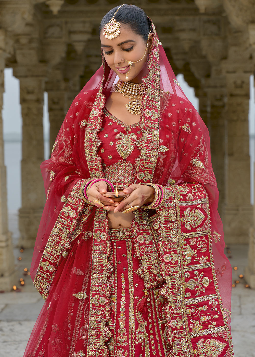 Red Silk Hand Work using Different Bridal Motif Embroidered Bridal Semi Stitched Lehenga with Single Red Color Dupatta