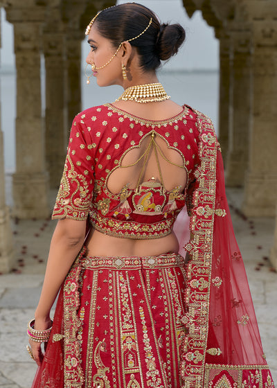 Red Silk Hand Work using Different Bridal Motif Embroidered Bridal Semi Stitched Lehenga with Single Red Color Dupatta