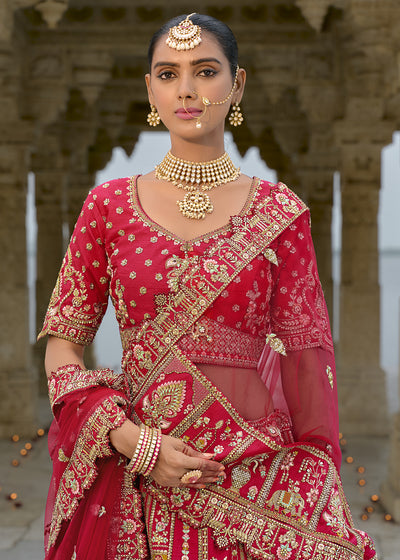 Red Silk Hand Work using Different Bridal Motif Embroidered Bridal Semi Stitched Lehenga with Single Red Color Dupatta