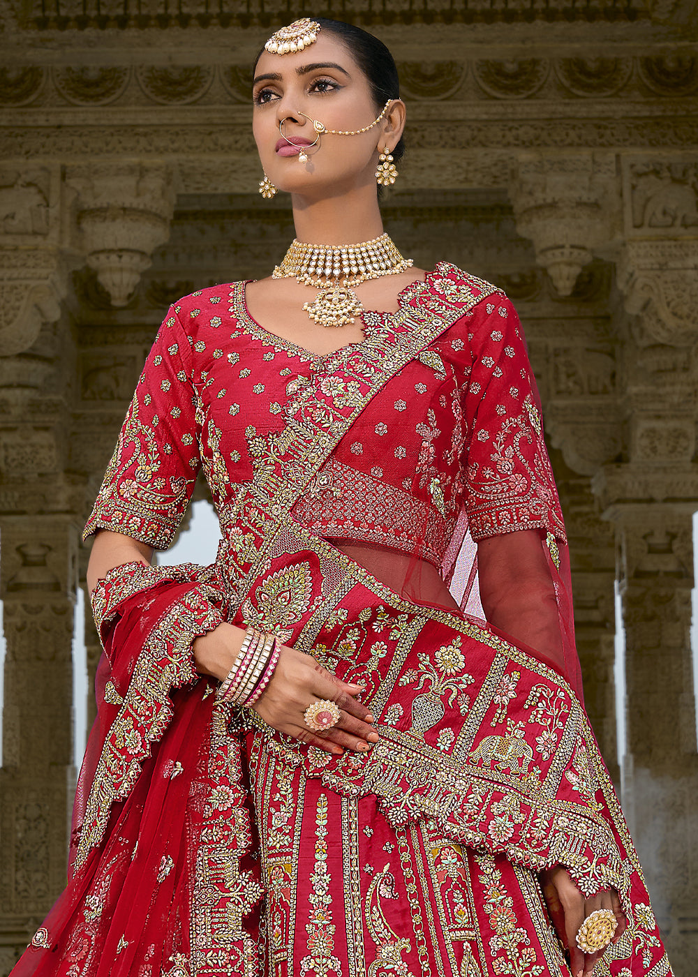 Red Silk Hand Work using Different Bridal Motif Embroidered Bridal Semi Stitched Lehenga with Single Red Color Dupatta