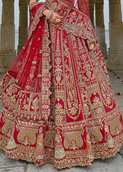 Red Silk Hand Work using Different Bridal Motif Embroidered Bridal Semi Stitched Lehenga with Single Red Color Dupatta