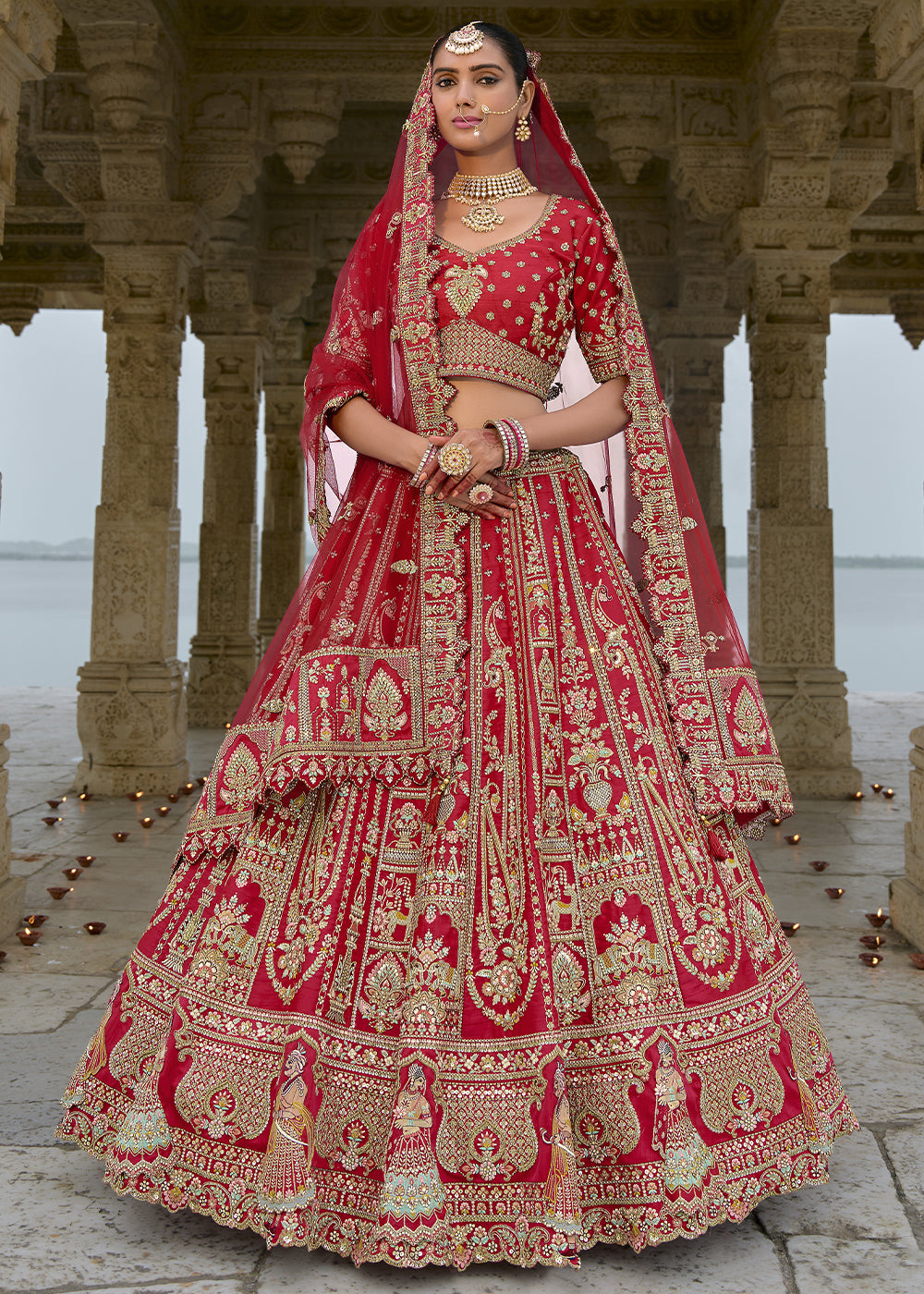 Red Silk Hand Work using Different Bridal Motif Embroidered Bridal Semi Stitched Lehenga with Single Red Color Dupatta