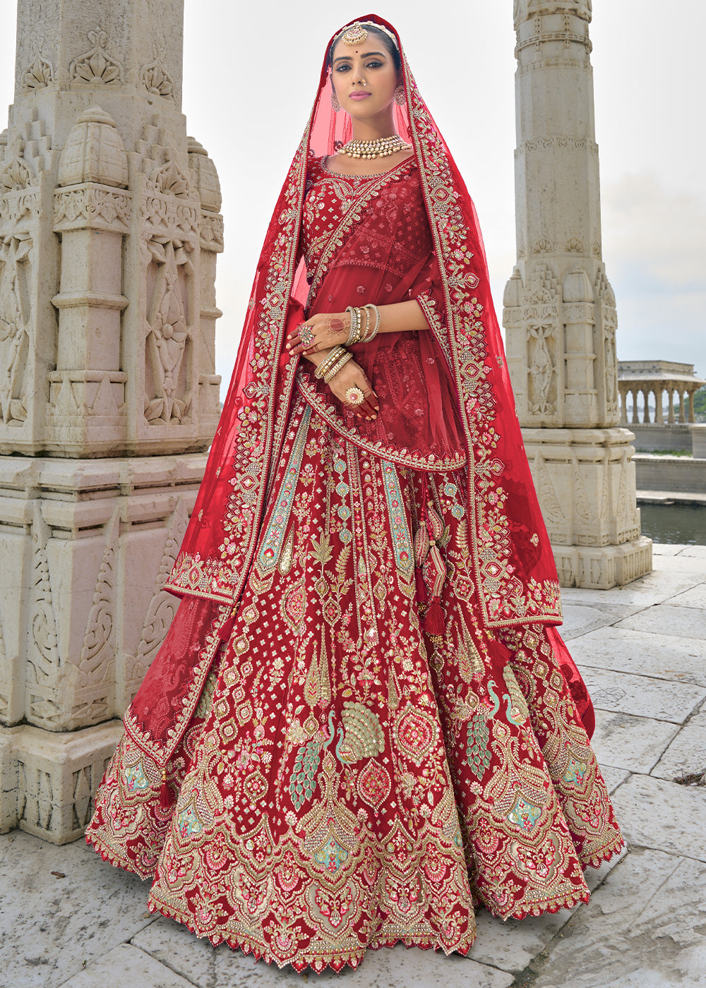 Red Silk Gotta Patti & Hand Work using Bridal Motif Embroidered Bridal Semi Stitched Lehenga with Single Red Color Dupatta