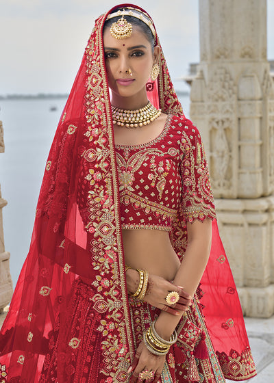 Red Silk Gotta Patti & Hand Work using Bridal Motif Embroidered Bridal Semi Stitched Lehenga with Single Red Color Dupatta