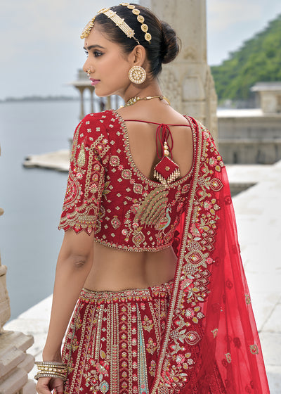 Red Silk Gotta Patti & Hand Work using Bridal Motif Embroidered Bridal Semi Stitched Lehenga with Single Red Color Dupatta