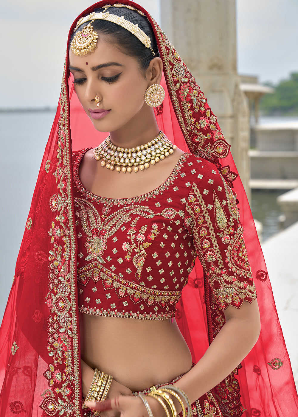 Red Silk Gotta Patti & Hand Work using Bridal Motif Embroidered Bridal Semi Stitched Lehenga with Single Red Color Dupatta