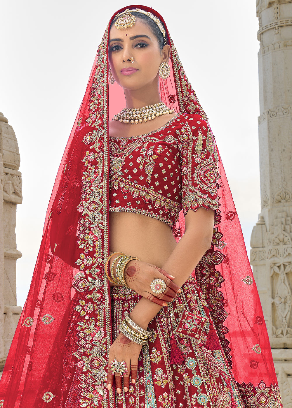 Red Silk Gotta Patti & Hand Work using Bridal Motif Embroidered Bridal Semi Stitched Lehenga with Single Red Color Dupatta