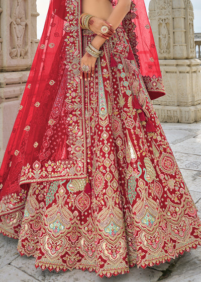 Red Silk Gotta Patti & Hand Work using Bridal Motif Embroidered Bridal Semi Stitched Lehenga with Single Red Color Dupatta